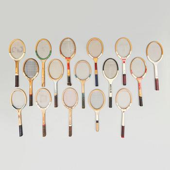 a set of 16 tennis rackers, mostly 1970's.