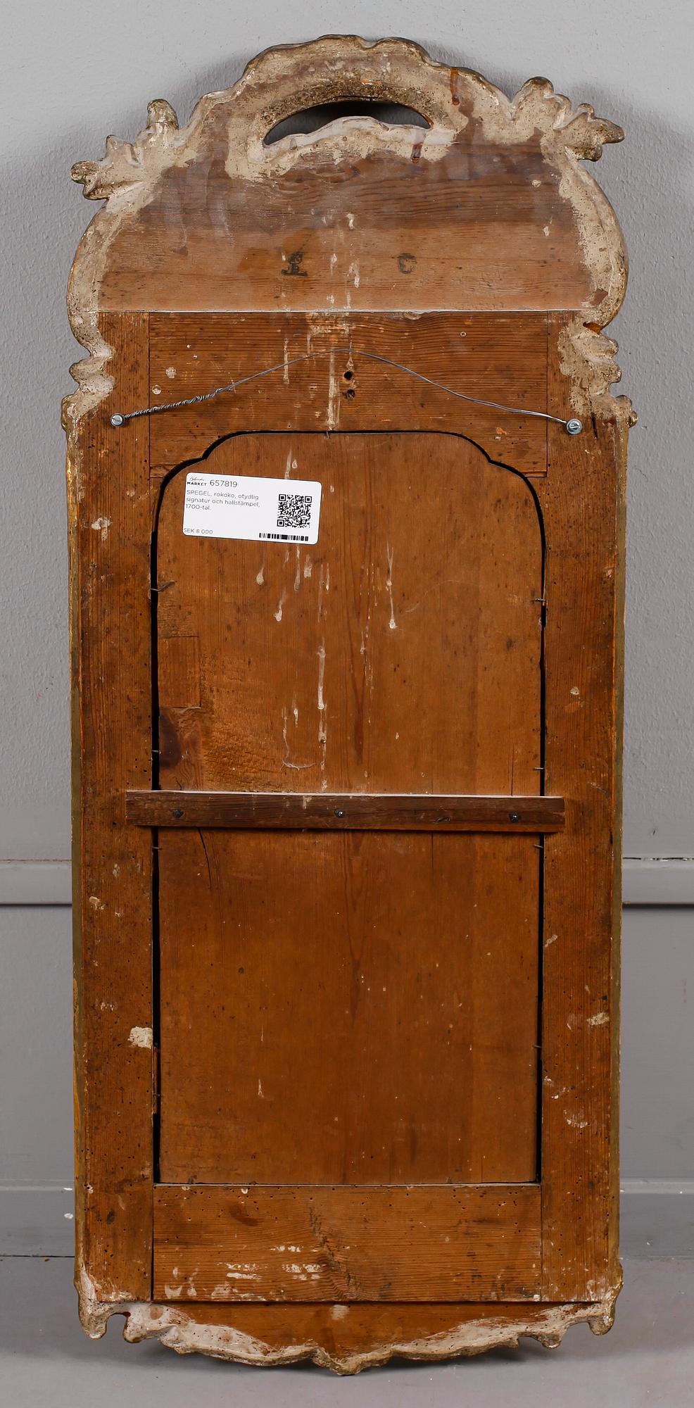 SPEGEL, rokoko, otydlig signatur och hallstämpel, 1700-tal.