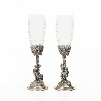 Champagne glasses, a pair, silver and glass, 20th century.