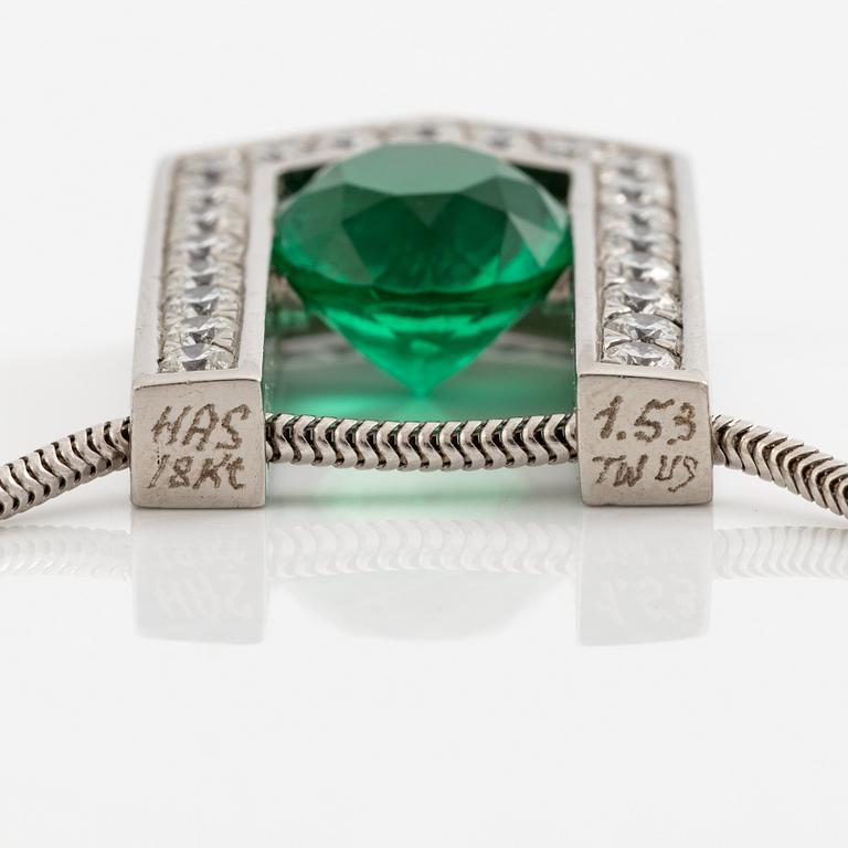 White gold necklace with pendant, 18K white gold set with brilliant-cut diamonds and emerald.