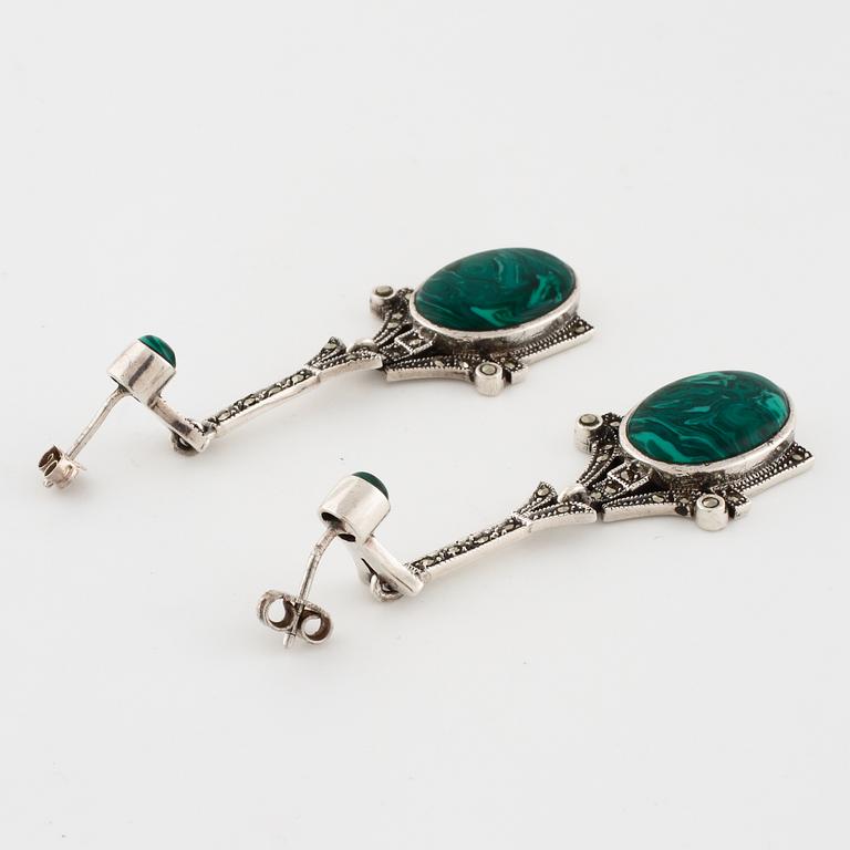 A pair of marchasite and malachite imitation earrings.