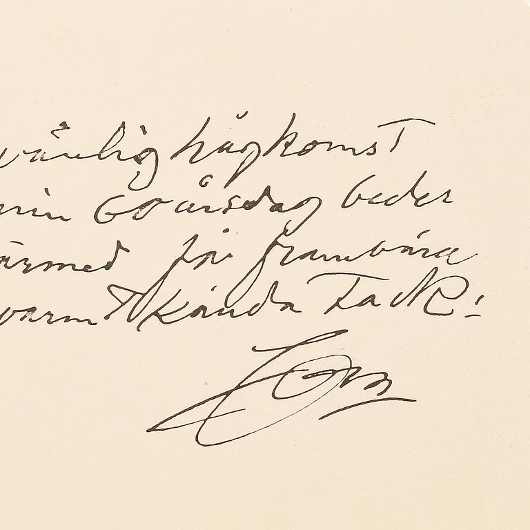 ANDERS ZORN (1860-1920), egenhändigt brev med namnteckning.