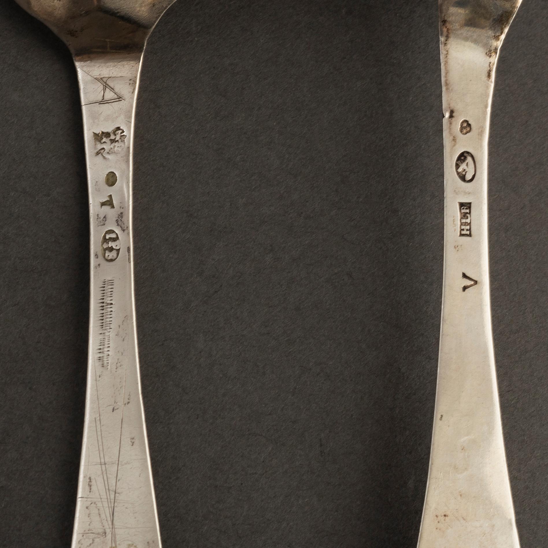 7 silver spoons, 18th century. One by Alexander Prytz, Strängnäs 1794.