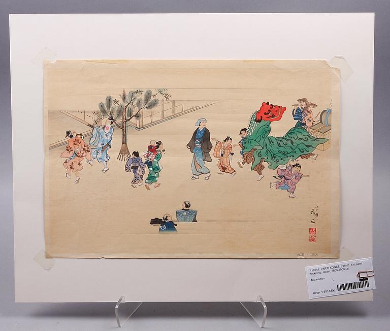 PARTI KONST, träsnitt, 5 st samt teckning, Japan, 1800-1900-tal.