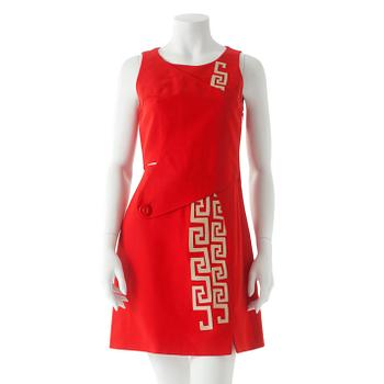 VERSACE,  a red silk dress with beige lacquer decor.