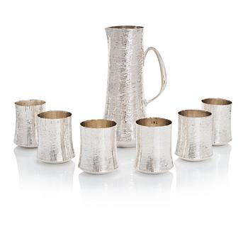 Tapio Wirkkala, a silver pitcher with six silver beakers, marked TW, Kultakeskus, Hämeenlinna Finland 1973 and 1966.