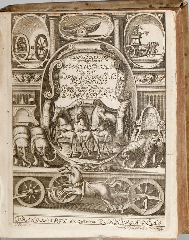 BOK, "De re Vehiculari Veterum" av Joannis Schefferi, Frankfurt 1671.