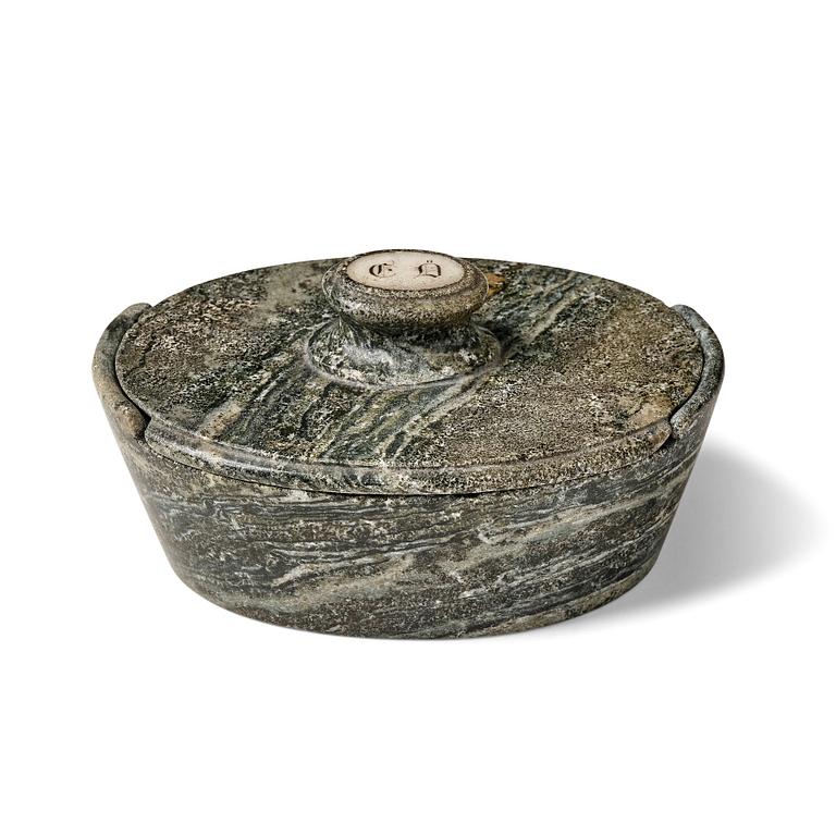 A Swedish Empire 'Kolmård' marble butter box with cover, early 19th century.