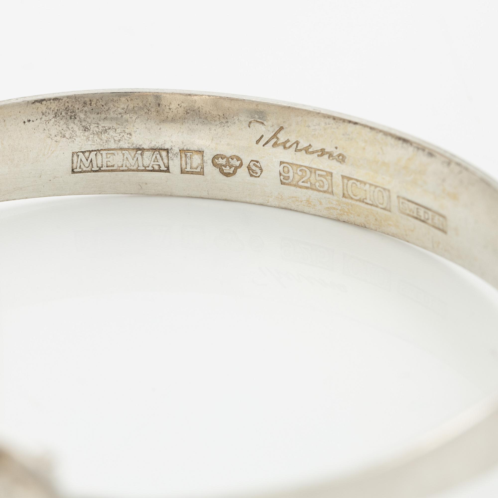 Theresia Hvorslev, bracelet, ring, pendant, earrings, 1 pair, sterling silver, chain, silver, Lidköping 1977, 1976, 1978 and 1973.