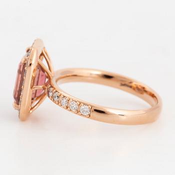 Emerald-cut pink tourmaline and brilliant-cut diamond ring.