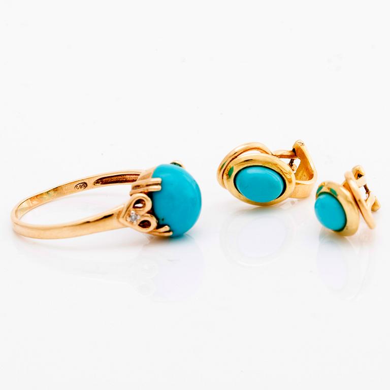 EARRINGS 14 K gold turquoises, diamonds approx 0,01 ct.