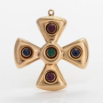 A 14K gold cross pendant, with cabochon-cut sapphires, rubies, and an emerald.