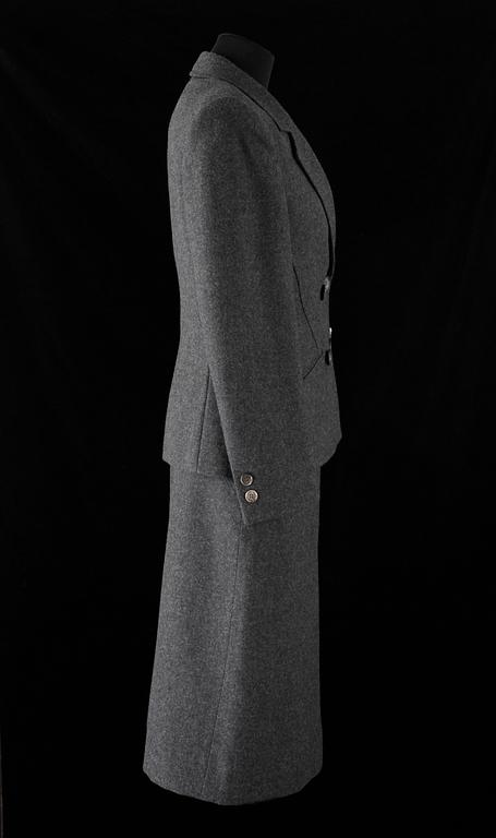 A two-piece grey wool costume consisting of jacket and skirt by Celine.