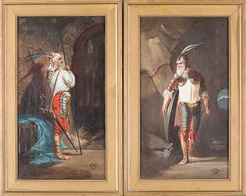 UNKNOWN ARTIST, oil on canvas, two paintings, signed WD, around the ...