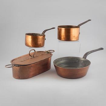 Four pans, copper, around 1900's.