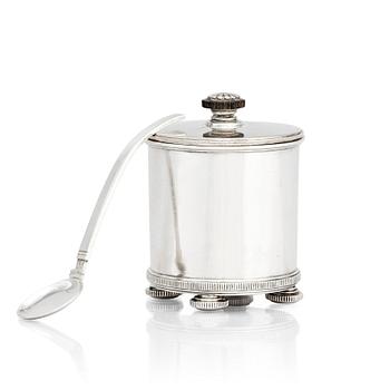 Erik Fleming, a sterling silver lidded jar with a spoon, Atelier Borgila Stockholm 1936.