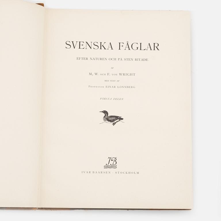 Three volumes of 'Svenska fåglar' by the von Wright brothers, printed at A.Börtsells Tryckeri AB, Stockholm, 1924-29.