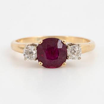 Ruby and old-cut diamond three stone ring.