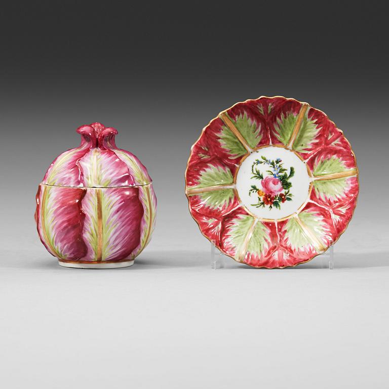 Meissen, A Meissen cabbage shaped cup with cover and stand, period of Marcolini (1774-1814).