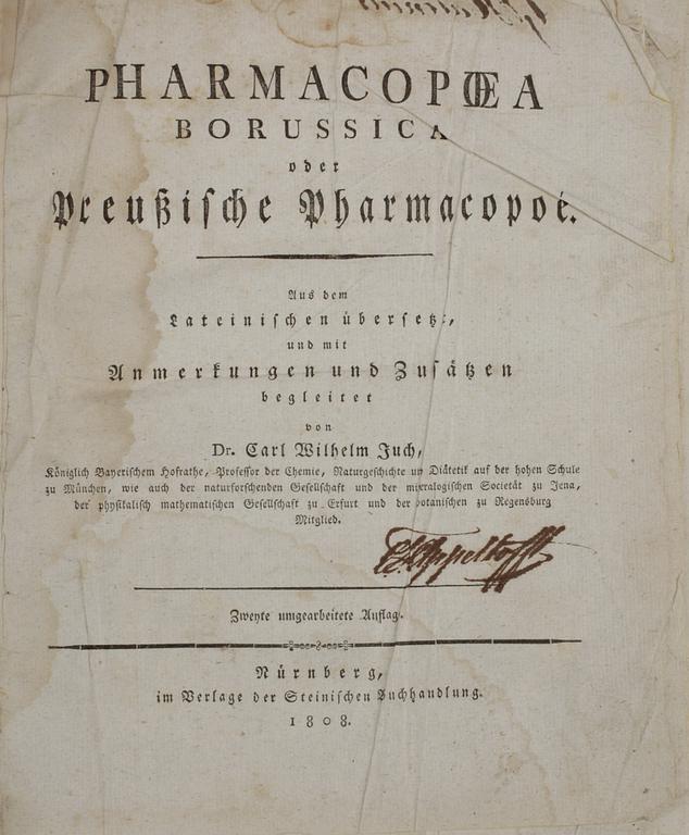 BOK: PHARMACOPOEA Borussica oder Preussische Pharmacopé" av Carl Wilhelm Juch, Nürnberg 1808.