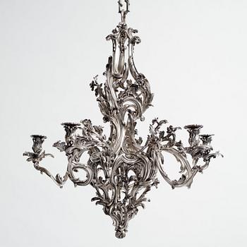 Ljuskrona för fem ljus, försilvrad mässing, argent haché, tillskriven Pierre Boulanger, Paris omkr 1750, Louis XV.