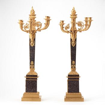 A pair of Empire style circa 1900 six-light candelabra.