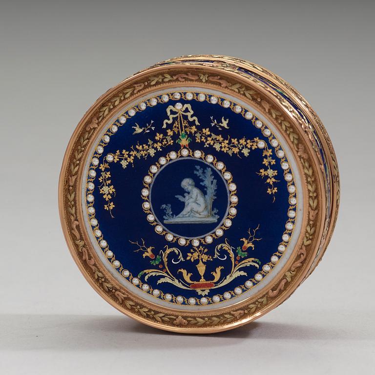 A Swiss late 18th century gold and enameld snuff-box, unidentified makers mark.