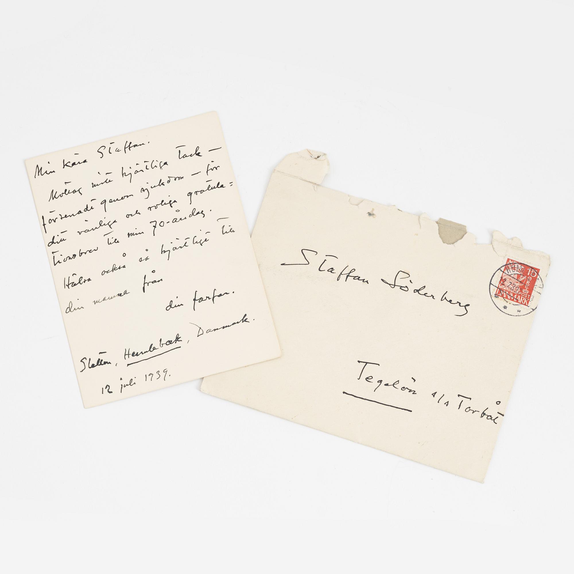 Hjalmar Söderberg, egenhändigt författat tackkort, 12 juli 1939.
