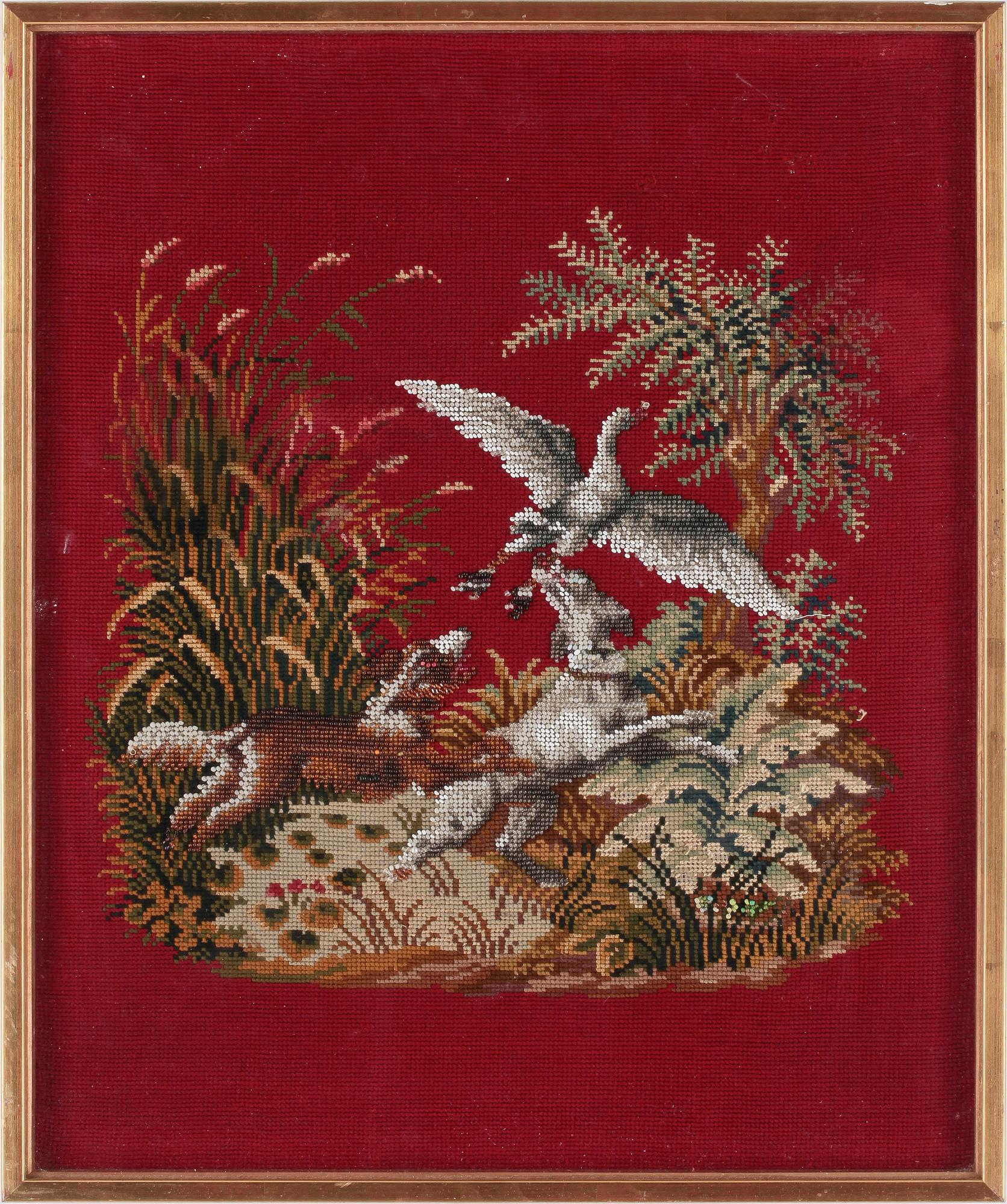 PÄRLBRODERIER, 2 st, 1800-talets mitt.