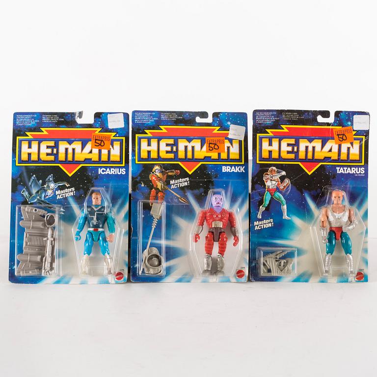 Thirteen He-Man action figures in their original packaging, Mattel, 1988.