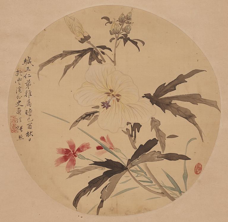 Four fan paintings and calligraphy, of landscapes and flowers, mounted as scrolls, late Qing dynasty/early 20th Century.