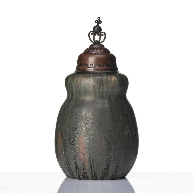 Patrick Nordström, a stoneware urn with a patinated metal cover, Royal Copenhagen, Denmark 1914.
