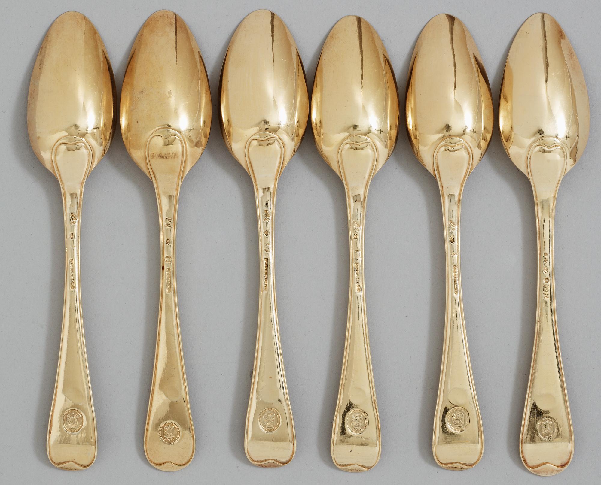 A set of six Swedish 18th century silver-gilt dessert spoons, makers mark of Pehr Zethelius, Stockholm 1783,