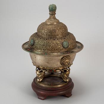 A Mongolian covered ceramonial vessel, 20th century.