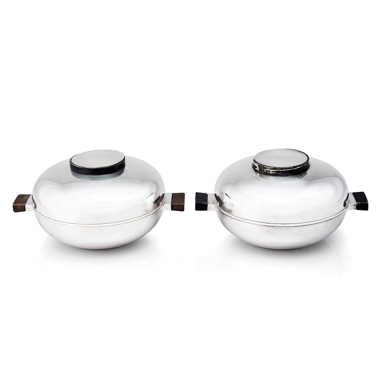 Sylvia Stave, two alpacca lidded dishes, C.G. Hallberg, Stockholm, designed in 1934.