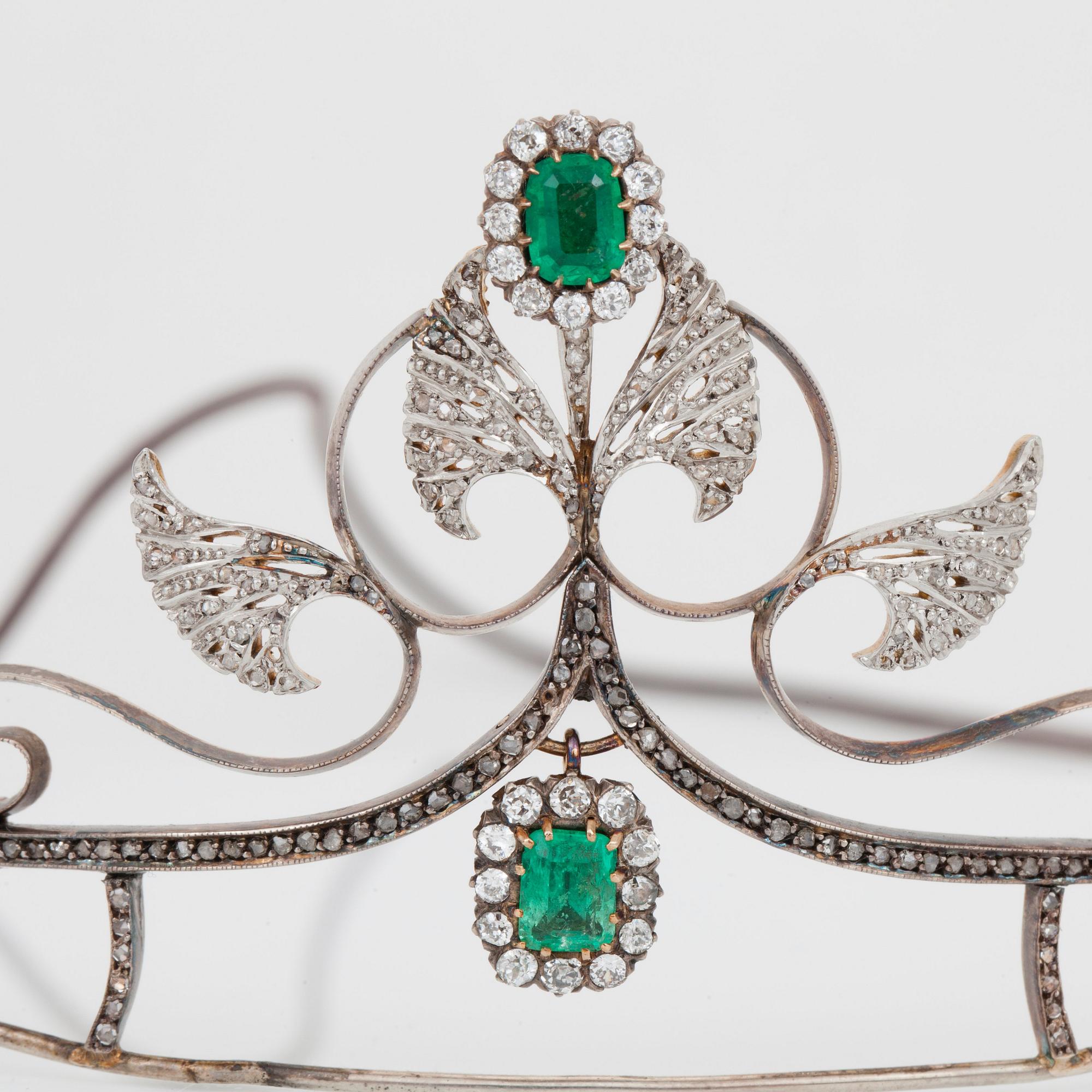 An Art Noveau emerald, old- and rose- cut diamond tiara. Circa 1910.