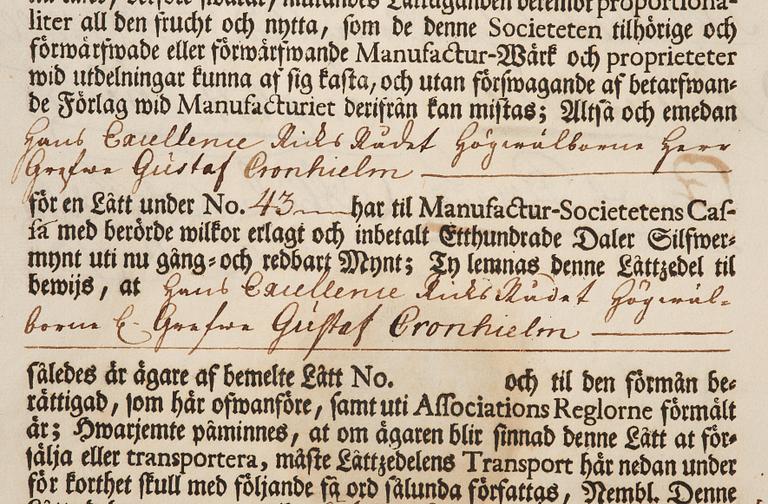 Aktiebrev, Ahlingsåhs Manufaktur Werk (Manufactur-Societet), No 43, 1728.
