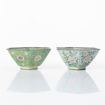 A set of six Chinese enamel on copper bowls and a dish, Qing dynasty and 20th century.