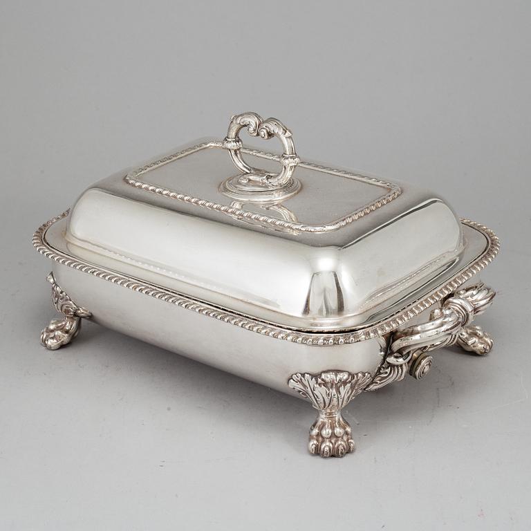 An English 19th century silver plated entrée dish and heater base.