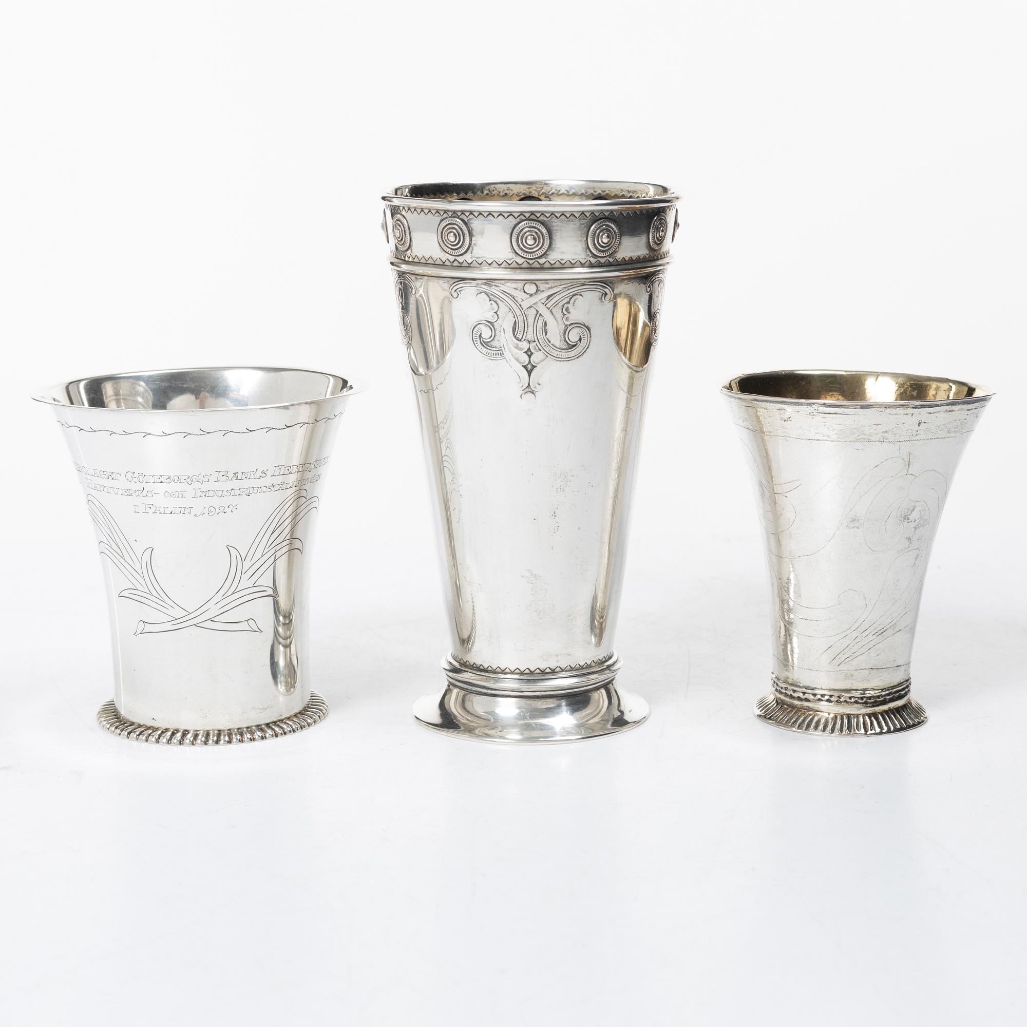Three silver beakers, including CG Hallberg, Stockholm, 1927.