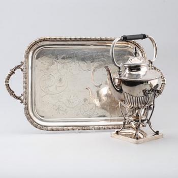 TEKÖK OCH BRICKA, nysilver, tekök märkt GAB, 1900-talets första hälft.