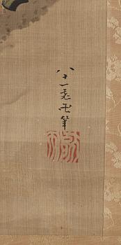 Katsushika Hokusai Hans skola, RULLMÅLNING, föreställande man med gevär i snötäckt bergslandskap.