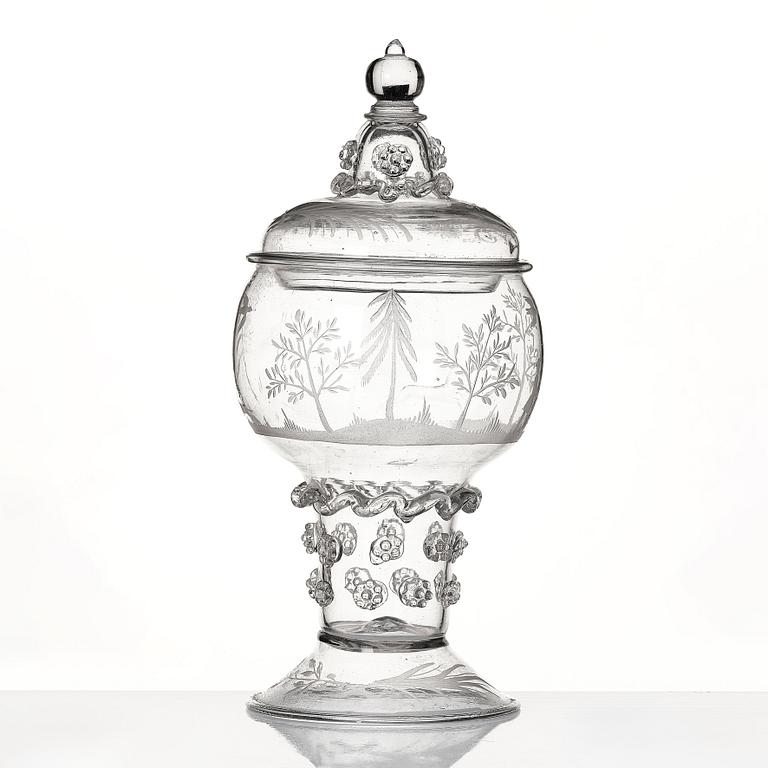 A lidded and engraved roemer from Kungsholms glasbruk, first part of the 18th century.