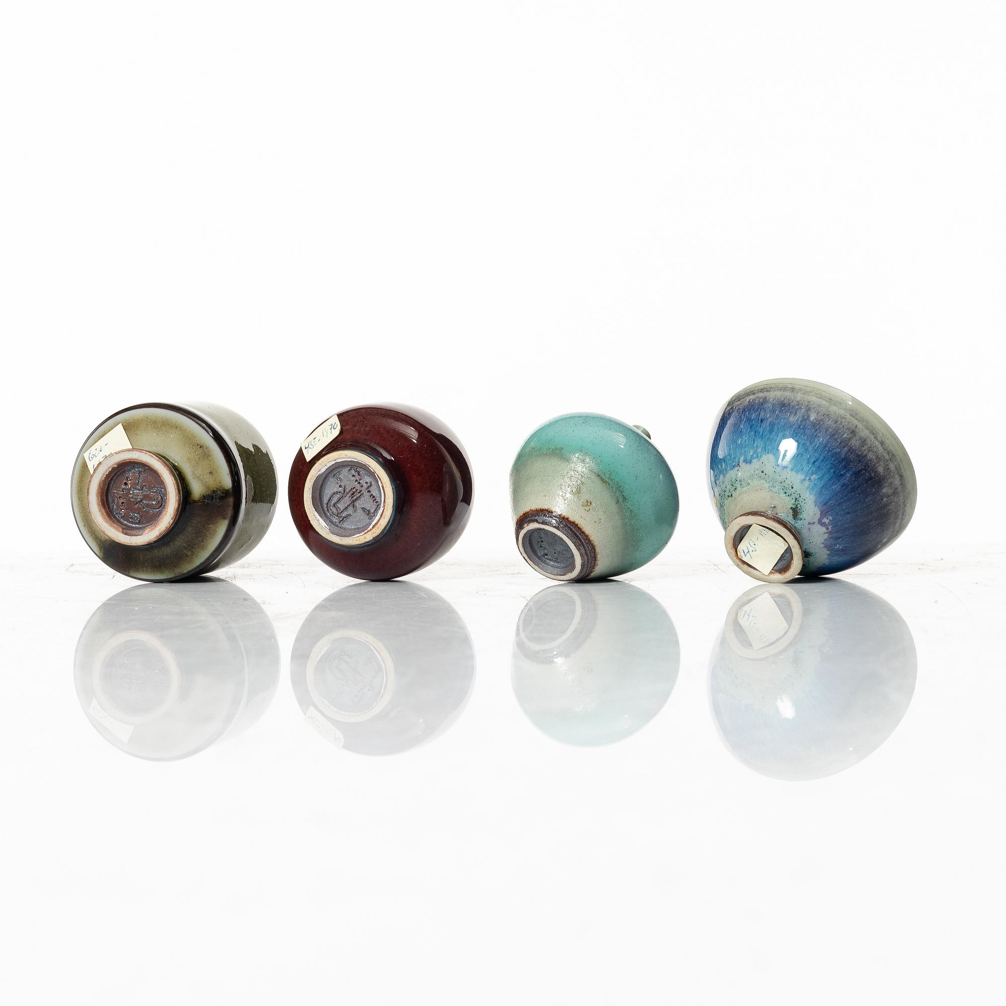 Berndt Friberg, miniature vases, four pieces, stoneware, Gustavsberg Studio 1970-1972.