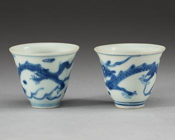 A pair of blue and white wine cups, Ming dynasty, 17th Century.
