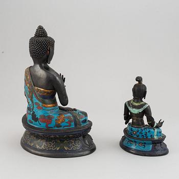 Two Chinese cloissone and bronze buddhas, 20th Century.