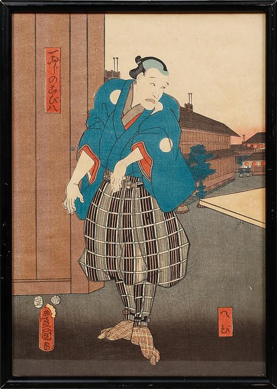 UTAGAWA KUNISADA (TOYOKUNI III), tillskrivna, 3 st, träsnitt, signerad i trycket.