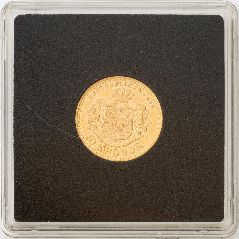 Guldmynt, Oscar II, 10 kronor, typ II,  Sverige 1876.