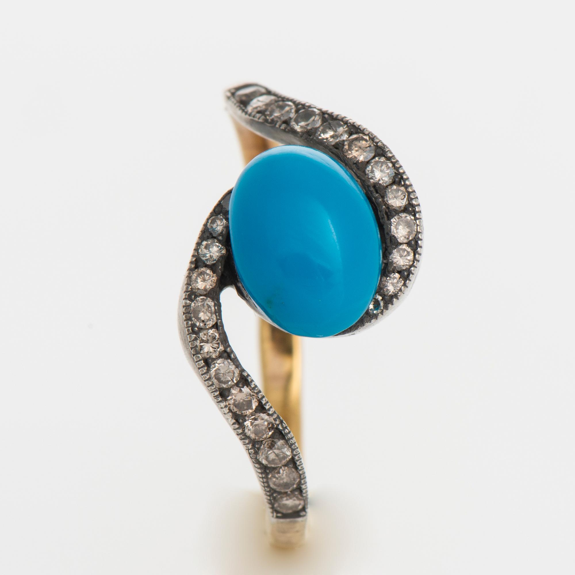 RING, guld (56), turkos, ca 2,0 ct, små diamanter totalt ca 0,50 ct. Ryska stämplar. Vikt ca 3,0 g.
