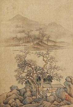 ALBUM, med 12 landskapsmålningar i Wang Huis (1632-1717) stil, Qingdynastin, 1800-tal.